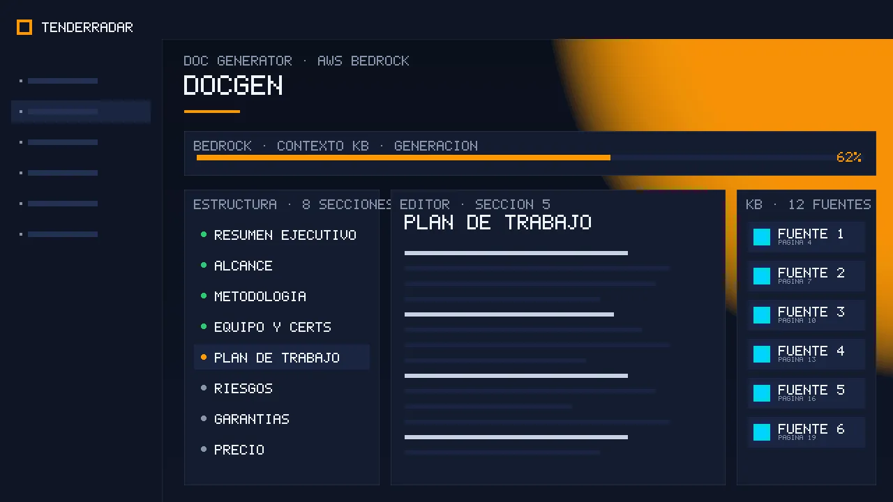 Captura "docgen" del módulo TenderRadar: DocGen y red de partners